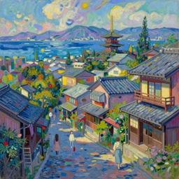 a beautiful japanese city near the sea, amazing ryokans and gorgeous edo era houses, cyberpunk, lofi vibe, colorful, vivide colors, oil painting in impressionist style, by jeremy lipkin, by claude monet, by makoto shinkai, by van gogh, multiple brush strokes, inspired by ghibli, masterpiece, beautiful