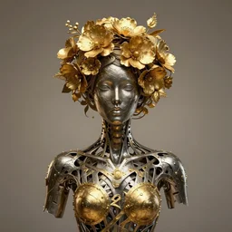 upper body silhouette of a woman made out of metal and gold with flowers on her head. artwork.in the style of arcane.