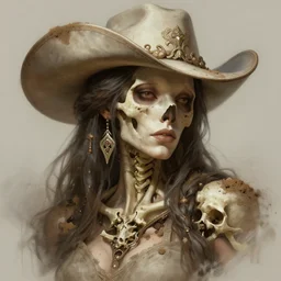 stunning western goddess of skull portrait, bones, skull, dirt, fantasy, intricate, elegant, highly detailed, digital painting, artstation, concept art, smooth, sharp focus, illustration, art by afshar petros and krenz cushart and artem demura