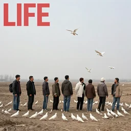 realistic documentary landscape photo of a group of people morphing into a white birds 2 0 0 8, life magazine reportage photo, neutral colors, neutral lighting