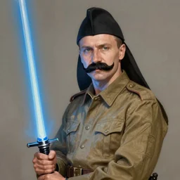 portrait photo of russian man in khaki military tunic wearing black papakha with black moustache and shaved chin, holding a blue lightsaber, no beard, handsome, highly detailed, digital painting, artstation, concept art, smooth, sharp focus, illustration, art by gaston bussiere and alphonse mucha