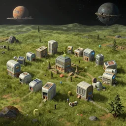 a small colony, with buildings made from modular capsules, on an alien grassland, on an alien planet, from a space themed point and click 2 d graphic adventure game, set design inspired by hg giger and ridley scott and tomb raider, art inspired by thomas kinkade