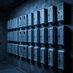 the hibernate containerare neatly arranged on the wall, inside the spacecraft ， future style, dark, h. r. giger, blue color scheme, concept art
