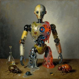 strange futuristic robot body, disturbing colorful oil painting dutch golden age vanitas still life sparse composition with bizarre objects strange gooey transparent surfaces shiny metal reflections bizarre mutant meat insects rachel ruysch dali todd schorr very detailed perfect composition rule of thirds masterpiece canon 5 0 mm, cinematic lighting, photography, retro, film, kodachrome