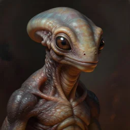 concept art of an star wars alien by greg rutkowski, round noseless face, amphibian appearance, dark greekn skin, round eyes, nervious attitude, detailed portrait, very very beautiful art, artstation hq.