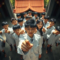 top angle shot, wide lens of group of young asian student with white uniform pointing to the camera, octane render, photorealism, masterpiece painted by jc leyendecker, 8 k, high detail, fantasy art, dnd, artstation,
