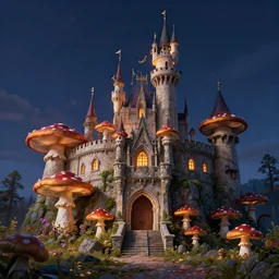 highly detailed illustration of a mushroom castle at night ultra realistic, 4 k resolution