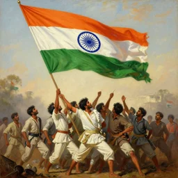 a cinematic dramatic scene of indian freedom fighters hoisting a colossal indian flag. oil on canvas, by carl gustav carus, by noriyoshi ohrai, by greg rutkowski, trending on artstation, featured on pixiv, masterpiece, cinematic composition, brilliant lighting, highly detailed, hd, 8 k