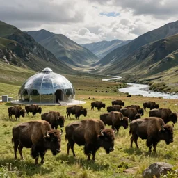 a herd of bison alongside a futuristic containment building in a grassy valley with a river, national geographic, hyper realistic, 4 k, harsh light, majestic, wide shot, a sense of hope