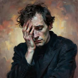 portrait of a man filled with despair, shameful pose, apathetic expression, by Zdzislaw Beksinski, gothic, amazing details, cold hue's, warm tone gradient background