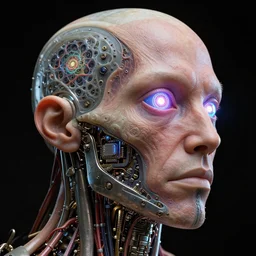 3D render of a rugged profile face portrait of a steampunk cyborg android with glowing CPU visible through an open access port, inset xray cross-section, neon lenses for eyes, Mandelbrot fractal, titanium skeleton, anatomical, flesh, facial muscles, wires, microchips, electronics, veins, arteries, glowing, full frame, microscopic, elegant, highly detailed, flesh ornate, elegant, high fashion, dye contrast lighting, black light, octane render in the style of H.R. Giger and Bouguereau