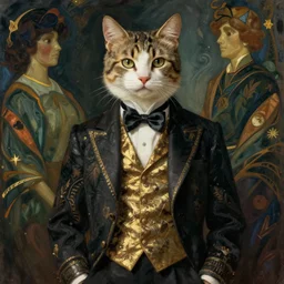 Full body portrait of a pretty cat boy in his twenties in fancy clothes. Art by Greg Rutkowski and Alphonse Mucha