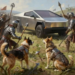painting of a epic battle between dogs and cat with iron armor and ancient weapons, tesla cybertruck in the background, medieval setting, artstation, natural lighting, highly detailed, illustration