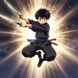 jumping character with katana in hands, cartoon stylised proportions by hiroyuki imaishi gainax studio trigger and yoh yoshinari animation art