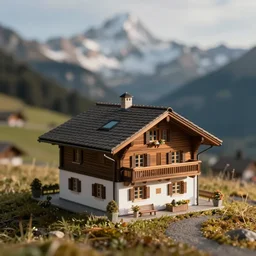 Macro photograph of a beautiful miniature Swiss chalet, macro lens
