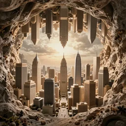 inception city carved from a cave, another inverted upside down above, artstation