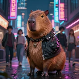 beautiful furry digital art portrait commission of an androgynous furry anthro capybara fursona wearing punk clothes in the streets of a cyberpunk city. neon signs. character design by charlie bowater, skeleion, imalou, tessgarman, artgerm, makoto shinkai, fa, furraffinity