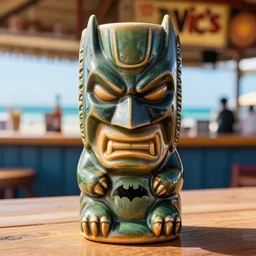 a closeup photorealistic photograph of a batman style tiki mug sitting at a trader vic's beach bar featuring batman's face. tiki theme. tiki party. bright scene. fine detail. this 4 k hd image is trending on artstation, featured on behance, well - rendered, extra crisp, features intricate detail, epic composition and the style of unreal engine.