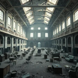 the interior of an abandoned a huge square with furniture and everything in deterioration, style artstation, style greg rutkowsk, comic art book,, octane render, unreal engine 6, epic game graphics, fantasy, post - apocaliptic, ray tracing