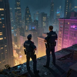 a lone police officer overlooking a ledge towards the city below in cyberpunk new york city | highly detailed | very intricate | cinematic lighting | by asher brown durand and eddie mendoza | featured on artstation