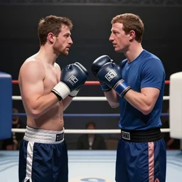 pavel durov and mark zuckerberg fight in a boxing ring, technology realism, 8 k detail, proportions, golden ratio, composition, soft light, depth of field, focus