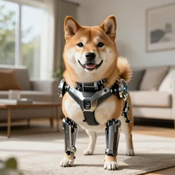 doge the shiba - inu as a futuristic robot made of metal and carbon - fiber, in a sunny suburban living - room.