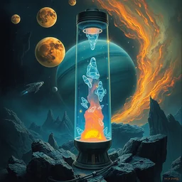 a lava lamp with jupiter and its droid moons inside. donato giancola and greg rutkowski and wayne barlow. 1 9 9 8 cover. star wars lighting. top all time r / imaginarycyberpunk.
