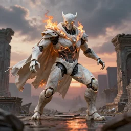 portrait of a diabolical marble stone cyborg, wearing burning torn white cape, dynamic pose, glowing eyes, post apocalyptic ancient ruins, glowing veins subsurface scattering, in clouds, sunset, portrait, by gerald brom, by mikhail vrubel, by peter elson, muted colors, extreme detail, reflections, trending on artstation, 8 k