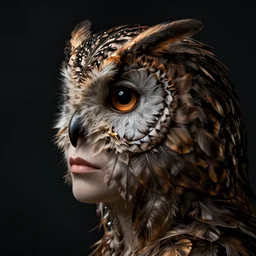 a woman's face in profile, made of intricate owl feathers, in the style of the dutch masters and gregory crewdson, dark and moody