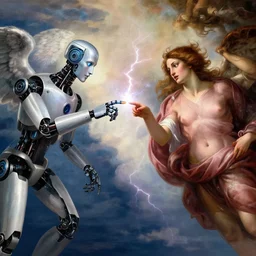 a godly robot and a human woman touch by their finger tips, exchanging lightning of beautiful energy through their fingers, rainbow nails concept art, angelic clouds in the background, cinematic, inspired by the creation of adam by michelangelo