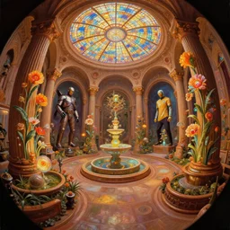 fish eye lens, twirl minimalist 3 d fractal oil painting by donato giancola, warm coloured, scifi bioluminescent luxurious futuristic smokey victorian garden circular cathedral interior with microscopy minimalist stained glass flowers growing out of pretty bulbous ceramic fountains, gigantic pillars and flowers, maschinen krieger, beeple, star trek, star wars