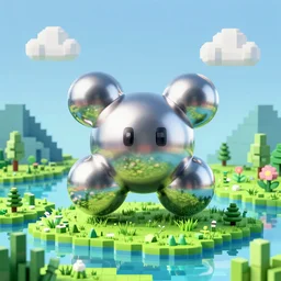 3 d chrome blob in a beautiful pixel art landscape