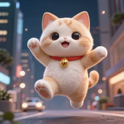 hyper detailed concept art of choonky cute flooffy catman jumping, background the city at night sharp cinematic lighting 8k low angle shallow depth of field
