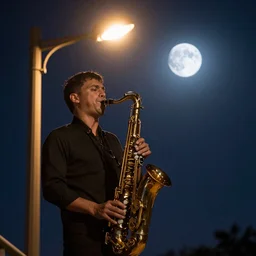 A urinal playing the saxophone under a street light with a full moon in the sky, night time photography