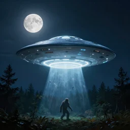 oval shaped ufo with ethereal glow, hovering over a forest, large moon, night time, bigfoot