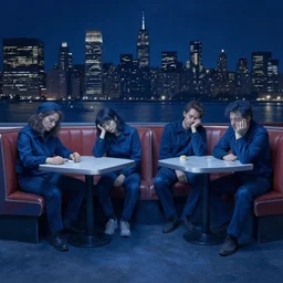 cool indigo by dorothy lathrop, by charles camoin, by charles - francois daubigny. the performance art shows four people sitting in a diner late at night. the people in the performance art look tired & lonely. the performance art is set in new york city & shows the city's skyline in the background.