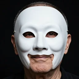 high contrast studio close - up portrait of a wrinkled old man wearing a pulcinella mask, clear eyes looking into camera, baggy clothing and hat, backlit, dark mood, nikon, photo by joe mcnally, masterpiece