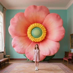 giant flower head, girl in 1 9 6 0 room, surreal, symmetry, center, fanciful, hue, detailed, wes anderson