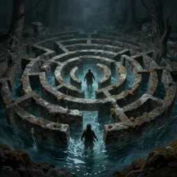 labyrinth half filled with water, dynamic, scary, detailed, cinematic, dramatic lighting, by eyvind earle
