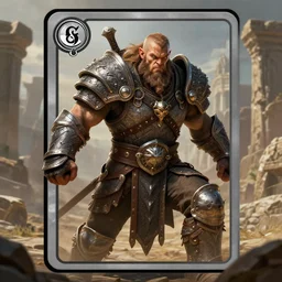 intimidating male, bearded gigachad in armour, d & d barbarian, half - orc warrior in scale armour, powerful male character from warcraft, character portrait, trading card game art, perfectly shaded, extremely detailed, matte painting, artstation, volumetric lighting, 4 k, deep focus, dynamic scene, fighting, sharp focus, deserted landscape, ancient stone ruins, art by frank frazetta