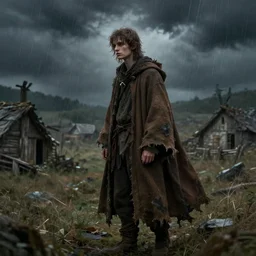 a melancholic wandering, young wizard, dressed in a ragged, dirty brown traveling cloak. The background is a poor village in the thunder storm, fantasy concept art by Melanienemo, trending on DeviantArt.