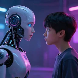 A human boy staring staring into the eyes of a female robot, trending on art station, emotional science fiction, neon background