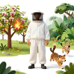 man in white beekeeper suit with burning orchard and jungle animals running from the devil. painting by mikalojus konstantinas ciurlionis, bosch, wayne barlowe, agnes pelton, rene magritte