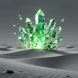 grey desert being being illuminated by a large! magical! explosion! of green crystals!!, cracked glowing crystal shards flying everywhere, by sylvain sarrailh, rossdraws, ambient light, ultra detailed, fantasy artwork, 8 k, volumetric lighting, trending on artstation, award winning, beautiful scenery, very beautiful.