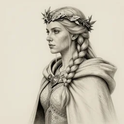 viking maiden wearing a wreath and a cloak, long beautiful braided hair, engraving, concept art, elden ring, illustration, smooth, sharp focus, by gustave dore and greg rutkowski, hyper realistic face, piercing beautiful eyes, fantasy art, in the style of midjourney, intricate, alphonse mucha, hyper detailed