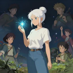 a girl sorcerer with white hair put up into a bun, jeans, tshirt. magical atmosphere, by Renato Muccillo, Andreas Rocha, James Gurney, guillaume tholly, Gthl.art, Makoto Shinkai, Miyazaki, Breath of the wild, Simon Stålenhag, studio ghibli. Trending on ArtStation. award winning.