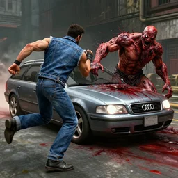 mortal kombat 1 1 gameplay footage of a denim audi a 4 b 6 avant ( 2 0 0 2 ) performing an x - ray by running a fighter over gruesomely, blood