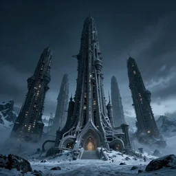 haunted alien city of impossible towers and gravity - defying megastructures in the mountains of antarctica, upward angle, extremely hyperdetailed, photorealism, 8 k, 8 mm, deerie night lighting, lovecraftian