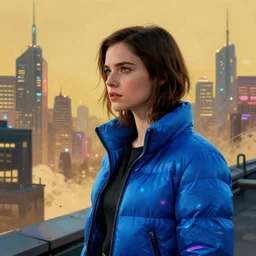 2 0 1 8 blade runner movie still girl look at the cityscape from roof perfect face fine realistic face pretty face neon puffy jacket blue futuristic sci - fi elegant by denis villeneuve tom anders zorn hans dragan bibin thoma greg rutkowski ismail inceoglu illustrated sand storm alphonse mucha