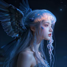 hyperrealism, night background, profile portrait of a goddess real face jellyfish phoenix crow wings, artwork by tooth wu and wlop. octane render, trending on artstation, greg rutkowski cinematic, hyper realism, high detail, octane render, 8 k